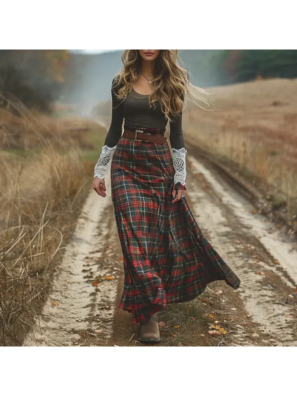 Women's Retro Round Neck Long Sleeve Long Skirt Plaid Pastoral Style Dress - Viewbena.com 