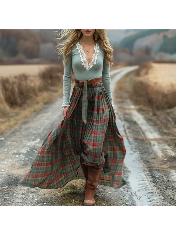 Women's Retro Plaid V-neck Long-sleeved Long Skirt Pastoral Style Dress - Viewbena.com 