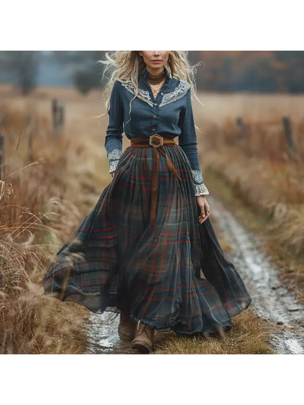 Women's Retro Plaid V-neck Long-sleeved Long Skirt Pastoral Style Dress - Realyiyi.com 