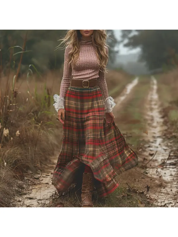 Women's Retro High Neck Long Sleeve Long Skirt Plaid Pastoral Style Dress - Viewbena.com 