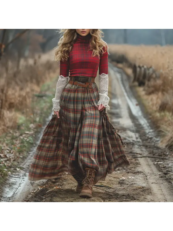 Women's Retro High Neck Long Sleeve Long Skirt Plaid Pastoral Style Dress - Realyiyishop.com 