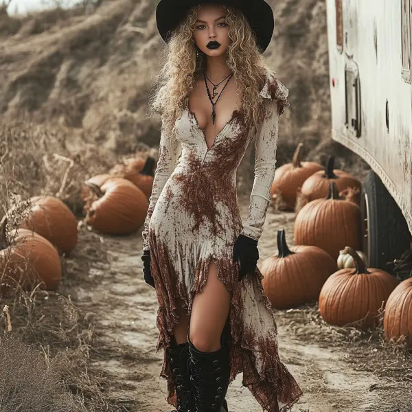 Retro Halloween Witch Tie-dye Contrast Color Long-sleeved Dress - Localziv.com 