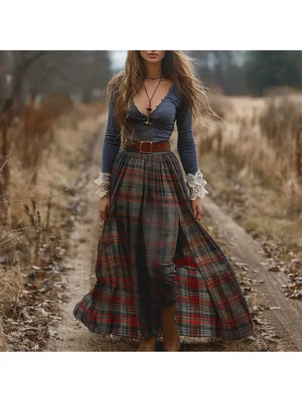 Women's Retro Plaid V-neck Long-sleeved Long Skirt Pastoral Style Dress - Cominbuy.com 