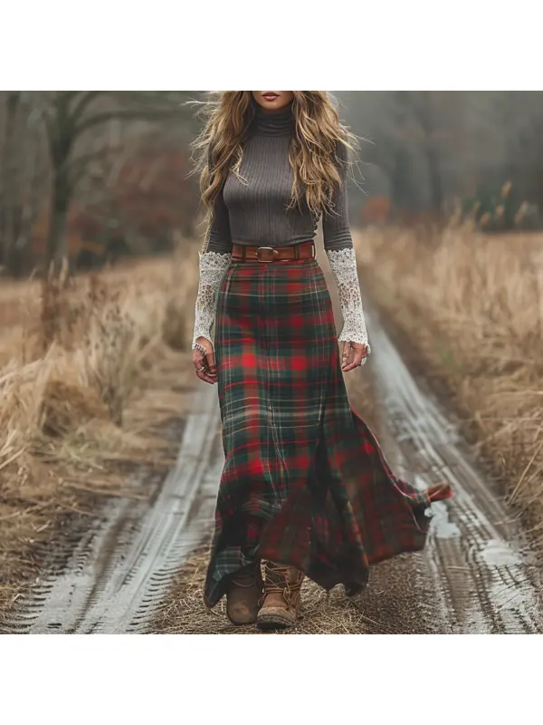 Women's Retro High Neck Long Sleeve Long Skirt Plaid Pastoral Style Dress - Realyiyi.com 