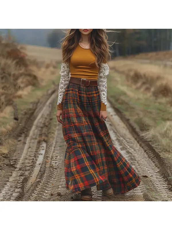 Women's Retro Round Neck Long Sleeve Long Skirt Plaid Pastoral Style Dress - Cominbuy.com 