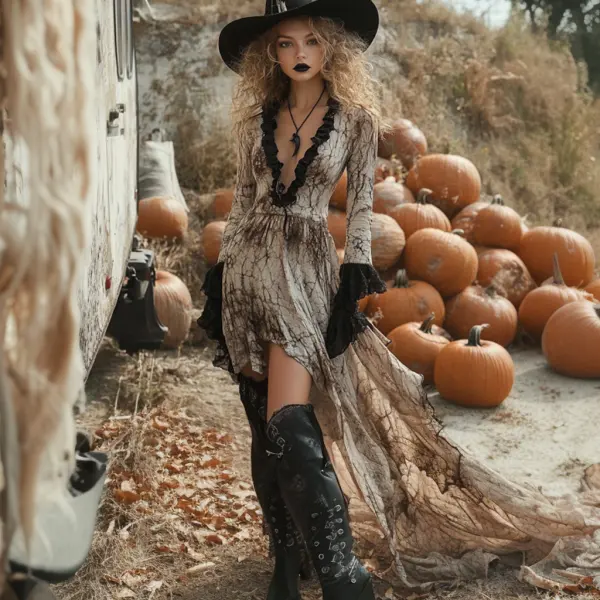 Retro Halloween Witch Tie-dye Contrast Color Long-sleeved Dress - Localziv.com 