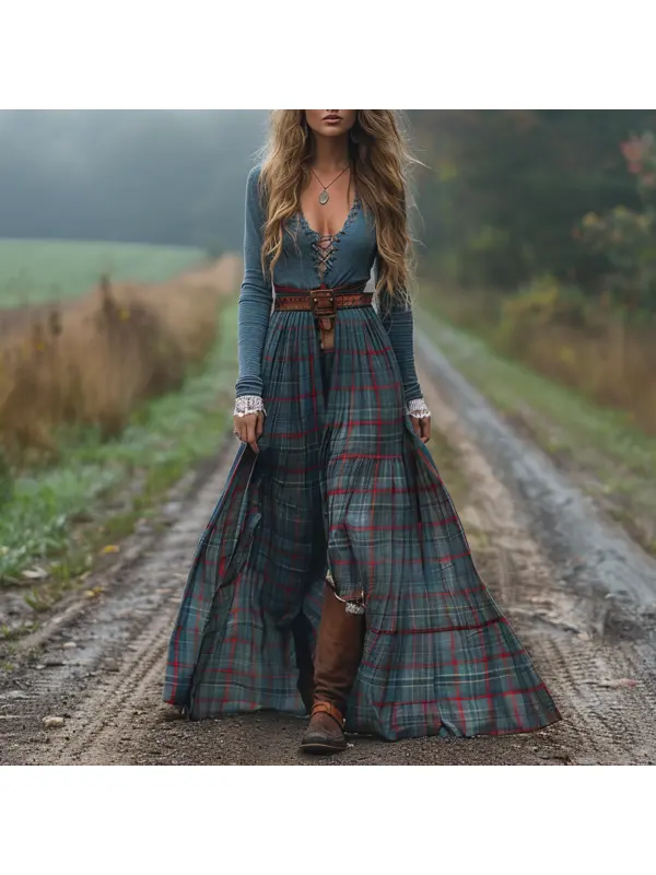 Women's Retro Plaid V-neck Long-sleeved Long Skirt Pastoral Style Dress - Viewbena.com 