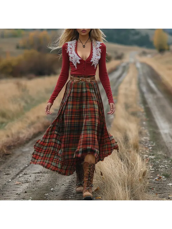 Women's Retro Plaid V-neck Long-sleeved Long Skirt Pastoral Style Dress - Realyiyi.com 