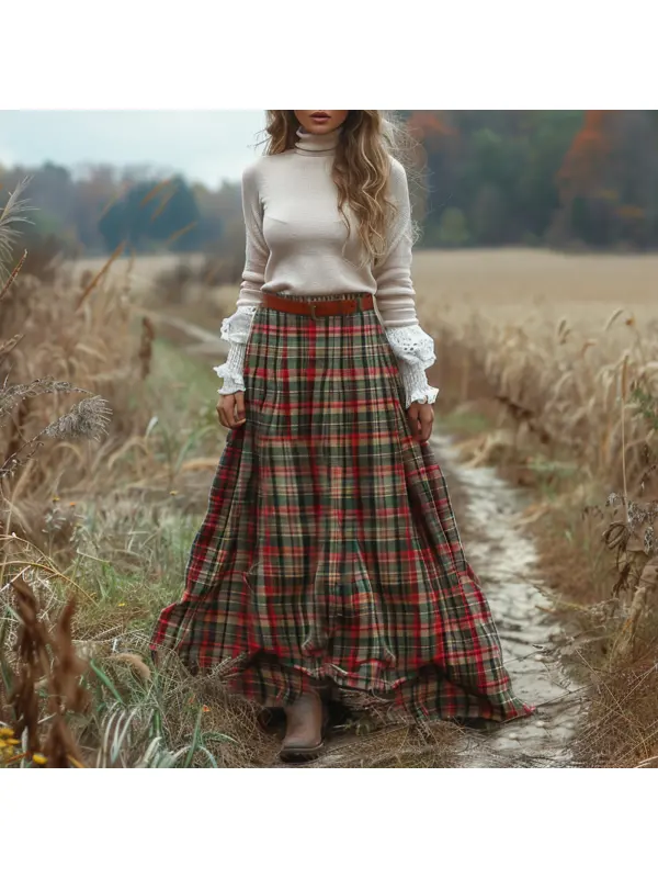 Women's Retro High Neck Long Sleeve Long Skirt Plaid Pastoral Style Dress - Realyiyi.com 