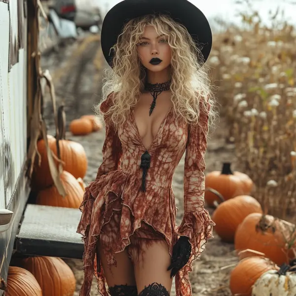 Retro Halloween Witch Tie-dye Contrast Color Long-sleeved Dress - Dozenlive.com 