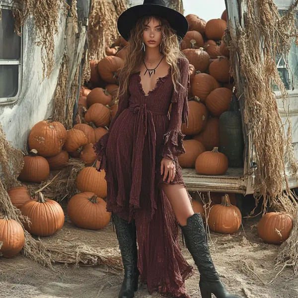 Vintage Halloween Linen Solid Color Long Sleeve Dress - Yiyistories.com 