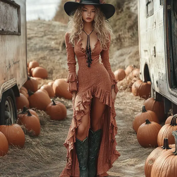 Vintage Halloween Linen Solid Color Long Sleeve Dress - Cotosen.com 