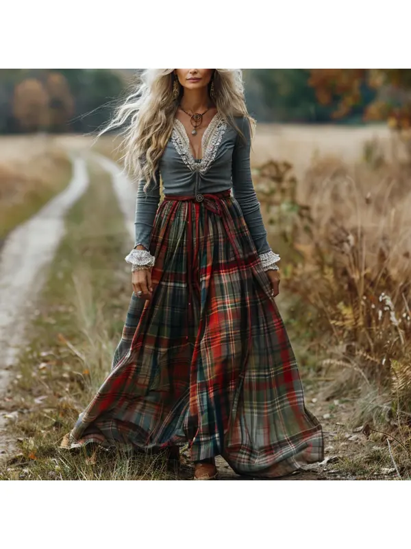 Women's Retro Plaid V-neck Long-sleeved Long Skirt Pastoral Style Dress - Cominbuy.com 