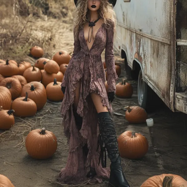 Retro Halloween Witch Tie-dye Contrast Color Long-sleeved Dress - Anurvogel.com 