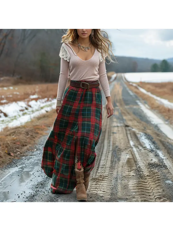 Women's Retro Plaid V-neck Long-sleeved Long Skirt Pastoral Style Dress - Realyiyi.com 