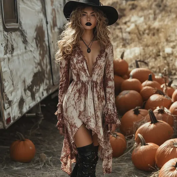 Retro Halloween Witch Tie-dye Contrast Color Long-sleeved Dress - Dozenlive.com 