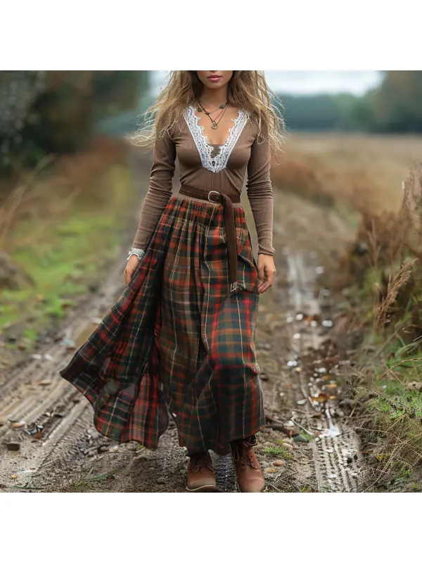 Women's Retro Plaid V-neck Long-sleeved Long Skirt Pastoral Style Dress - Realyiyi.com 