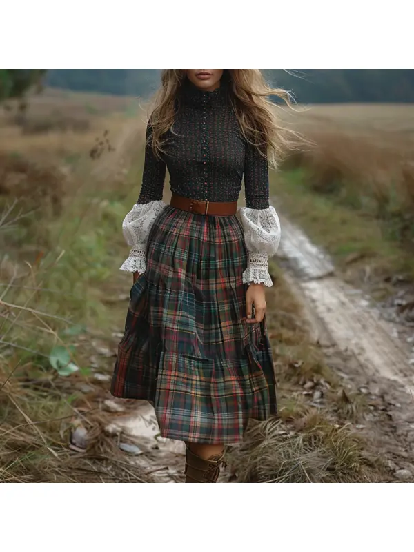 Women's Retro High Neck Long Sleeve Long Skirt Plaid Pastoral Style Dress - Realyiyi.com 