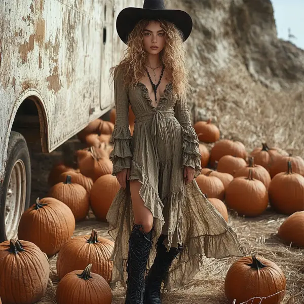 Vintage Halloween Linen Solid Color Long Sleeve Dress - Dozenlive.com 