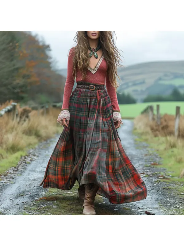 Women's Retro Plaid V-neck Long-sleeved Long Skirt Pastoral Style Dress - Cominbuy.com 