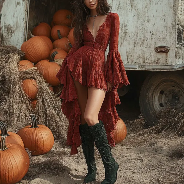 Vintage Halloween Linen Solid Color Long Sleeve Dress - Dozenlive.com 