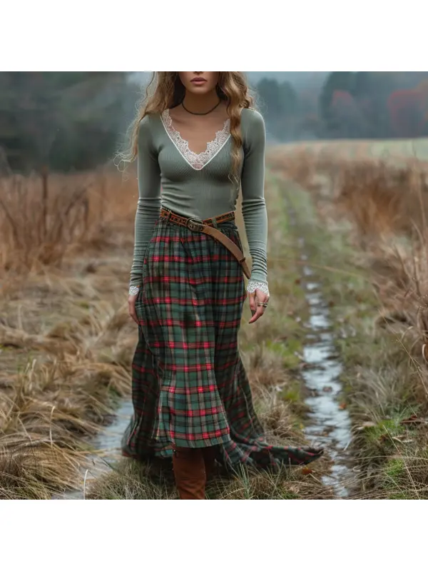 Women's Retro Plaid V-neck Long-sleeved Long Skirt Pastoral Style Dress - Realyiyi.com 