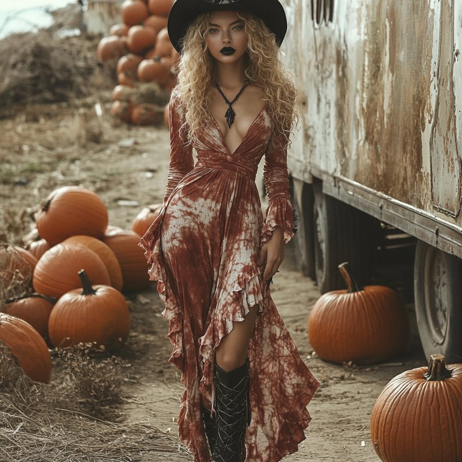 

Retro Halloween Witch Tie-dye Contrast Color Long-sleeved Dress