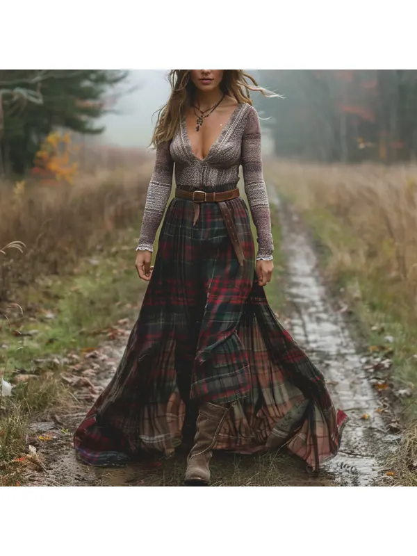 Women's Retro Plaid V-neck Long-sleeved Long Skirt Pastoral Style Dress - Viewbena.com 