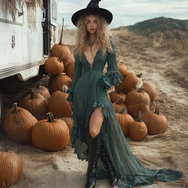 Vintage Halloween Linen Solid Color Long Sleeve Dress - Dozenlive.com 