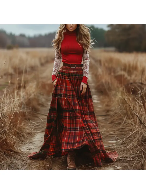 Women's Retro High Neck Long Sleeve Long Skirt Plaid Pastoral Style Dress - Realyiyi.com 