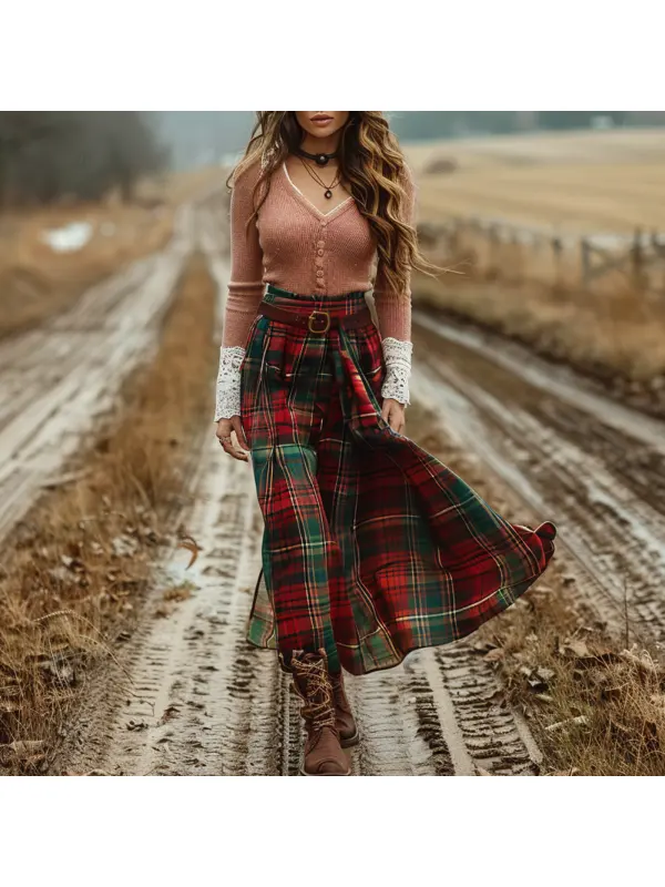 Women's Retro Plaid V-neck Long-sleeved Long Skirt Pastoral Style Dress - Realyiyi.com 