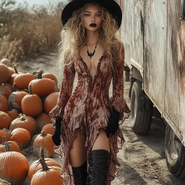 Retro Halloween Witch Tie-dye Contrast Color Long-sleeved Dress - Nicheten.com 