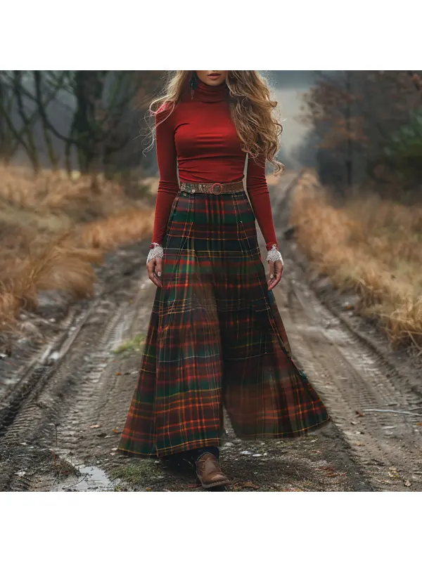 Women's Retro High Neck Long Sleeve Long Skirt Plaid Pastoral Style Dress - Realyiyishop.com 