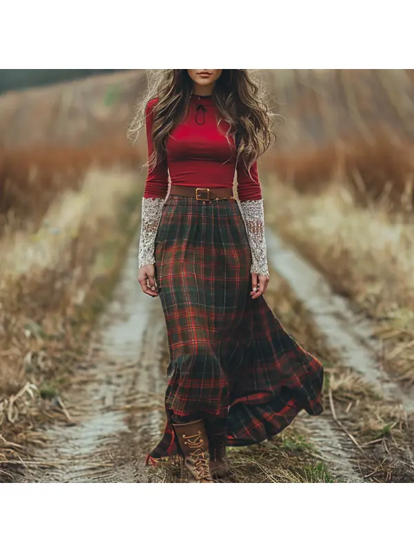 Women's Retro High Neck Long Sleeve Long Skirt Plaid Pastoral Style Dress - Realyiyi.com 