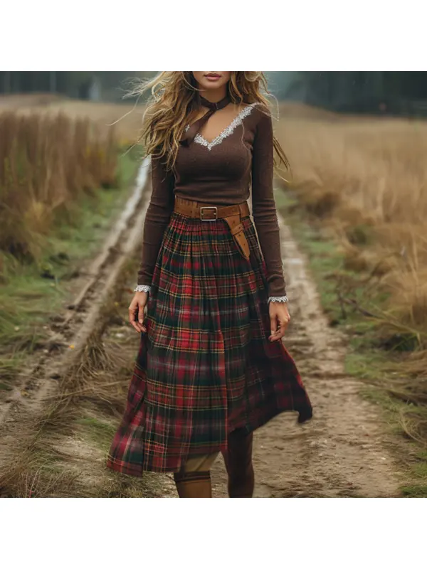 Women's Retro Plaid V-neck Long-sleeved Long Skirt Pastoral Style Dress - Realyiyi.com 