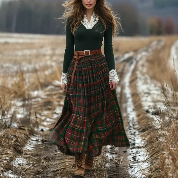 Women's Retro Plaid V-neck Long-sleeved Long Skirt Pastoral Style Dress - Manlyhost.com 