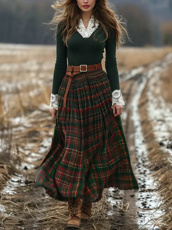 Women's Retro Plaid V-neck Long-sleeved Long Skirt Pastoral Style Dress - Menwyx.com 