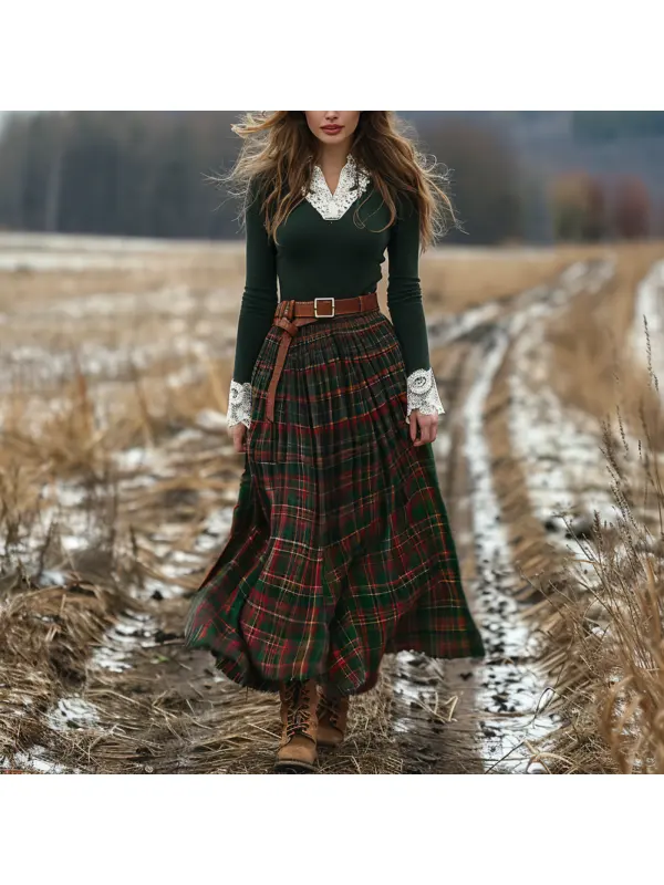 Women's Retro Plaid V-neck Long-sleeved Long Skirt Pastoral Style Dress - Realyiyishop.com 