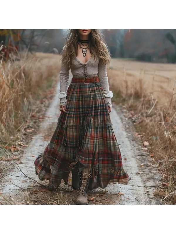 Women's Retro Plaid V-neck Long-sleeved Long Skirt Pastoral Style Dress - Viewbena.com 