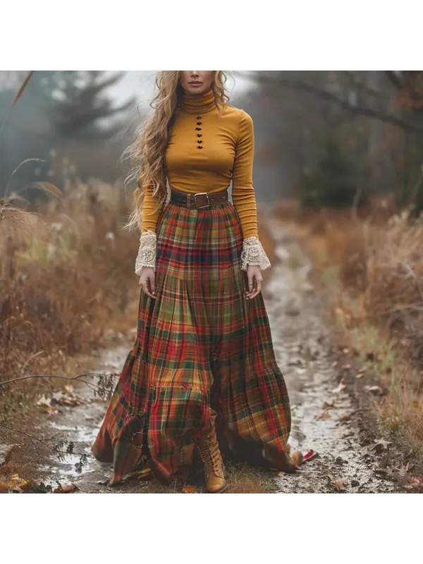 Women's Retro High Neck Long Sleeve Long Skirt Plaid Pastoral Style Dress - Cominbuy.com 