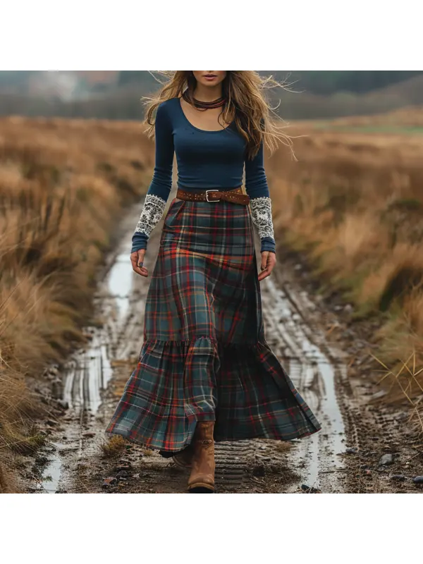 Women's Retro Round Neck Long Sleeve Long Skirt Plaid Pastoral Style Dress - Realyiyi.com 