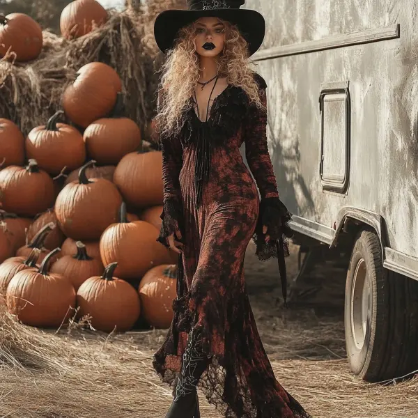 Retro Halloween Witch Tie-dye Contrast Color Long-sleeved Dress - Nicheten.com 