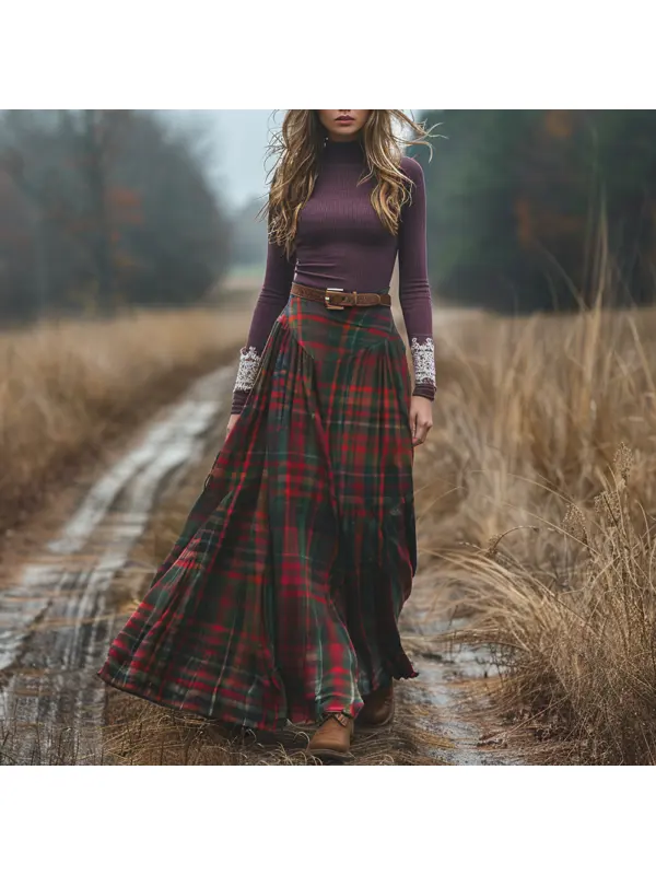 Women's Retro High Neck Long Sleeve Long Skirt Plaid Pastoral Style Dress - Realyiyi.com 