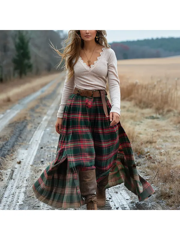 Women's Retro Plaid V-neck Long-sleeved Long Skirt Pastoral Style Dress - Cominbuy.com 