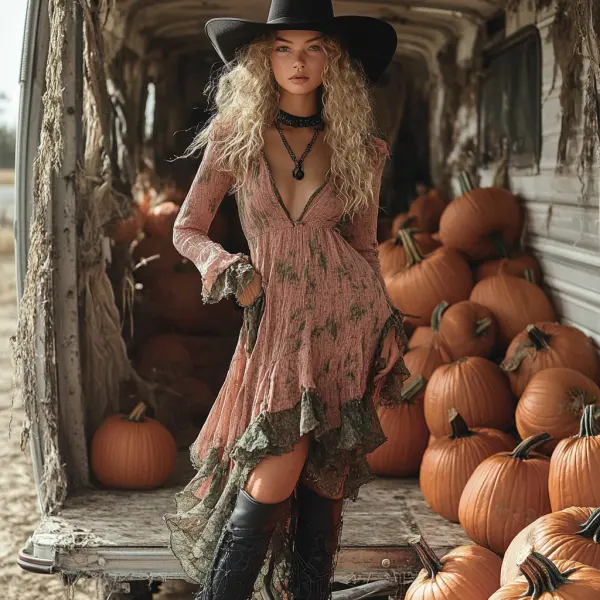 Retro Halloween Witch Tie-dye Contrast Color Long-sleeved Dress - Nicheten.com 