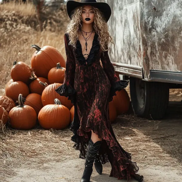 Retro Halloween Witch Tie-dye Contrast Color Long-sleeved Dress - Dozenlive.com 