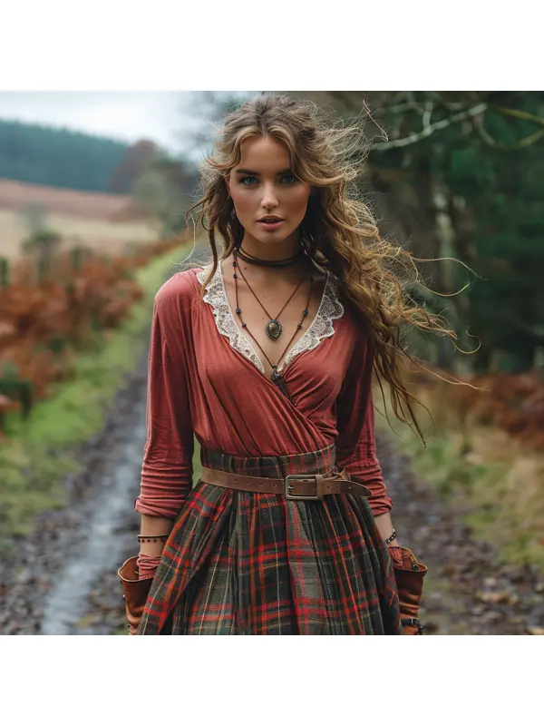 Women's Retro Plaid V-neck Long-sleeved Long Skirt Pastoral Style Dress - Realyiyi.com 