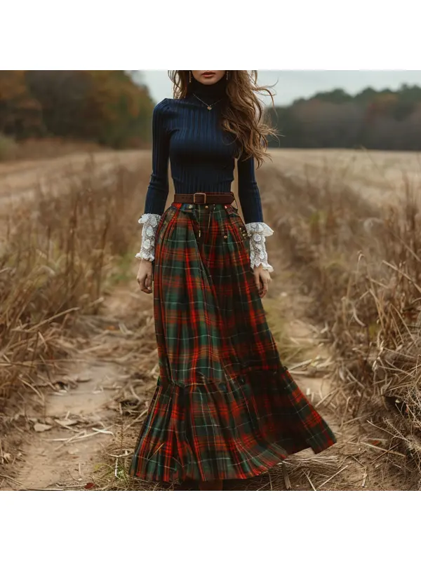 Women's Retro High Neck Long Sleeve Long Skirt Plaid Pastoral Style Dress - Cominbuy.com 