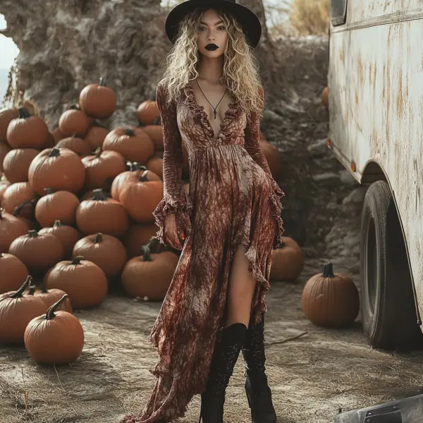 Retro Halloween Witch Tie-dye Contrast Color Long-sleeved Dress - Dozenlive.com 