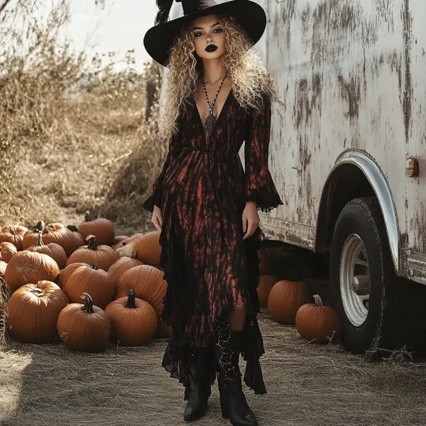 Retro Halloween Witch Tie-dye Contrast Color Long-sleeved Dress - Nicheten.com 